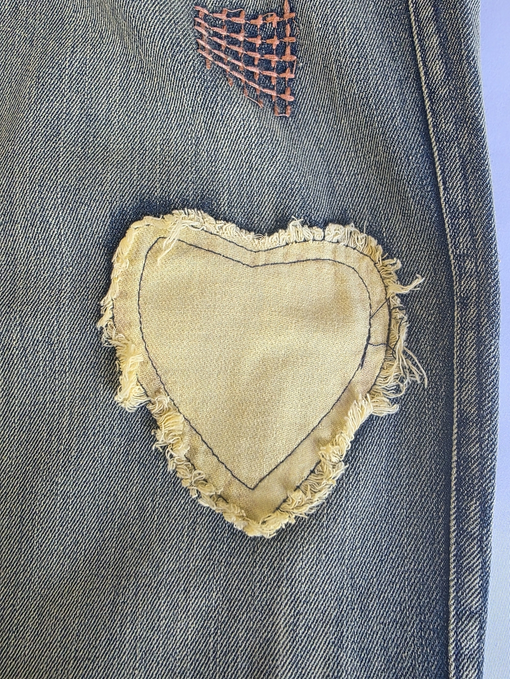 Blue Velvet Hippy Patchwork Embroidered Heart Jeans Boho Wide Leg Distressed - Picture 4 of 7